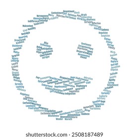 Smiley Face Shape Word Cloud. Composition of Words Related to Human Feelings and Moods. Isolated White Background.