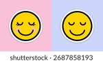 Smiley Face Sticker. Cute Yellow Emoji with Closed Eyes, Groovy Aesthetic Happy Face Vector on Pink and Blue Background. Digital stickers, social media graphics, posters, cards, aesthetic designs calm