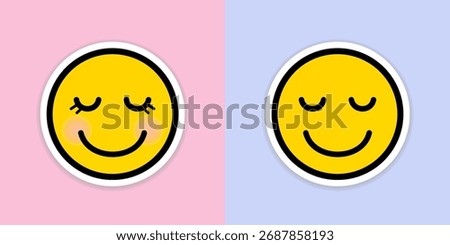 Smiley Face Sticker. Cute Yellow Emoji with Closed Eyes, Groovy Aesthetic Happy Face Vector on Pink and Blue Background. Digital stickers, social media graphics, posters, cards, aesthetic designs calm
