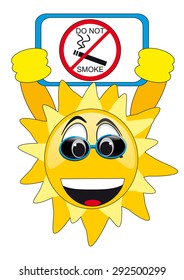 smiley face,  sun holds the banner "no smoking"
