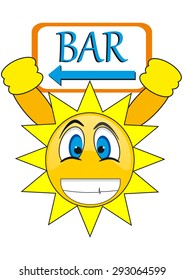 smiley face, sun holds the banner "bar"