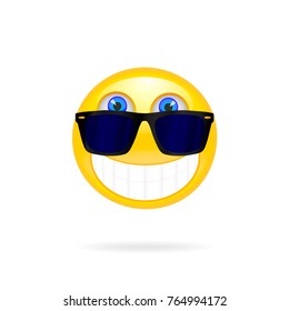 Smiley face with sunglasses. Solar vector illustration. Cool glossy Single Emoticon. Vector