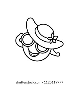 Smiley face in sunglasses and summer hat with tropical flower having fun during vacation. Cute emoticon ball in line art style on summertime journey, isolated vector illustration.