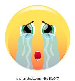 Smiley. Face tear-streaked. With streams of tears. Sad emoticon. Vector illustration. Isolated on white background.