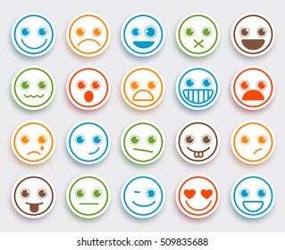 Smiley face vector emoticon set in white flat icon sticker with colorful funny emotions and facial expressions. Vector illustration.
