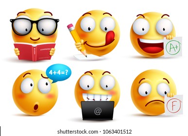 Conjunto de vetores de rosto sorridente para voltar às aulas com expressões faciais e atividades escolares dos alunos isoladas em fundo branco. Ilustração vetorial de emoticons amarelos.
