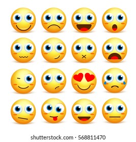 Smiley face vector set of emoticons and icons in yellow color with funny facial expressions and emotions isolated in white background. Vector illustration.
