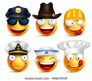 Caras sonrientes vectoriales de profesiones con sombreros como la policía, la gente de mar, el chef y el trabajador de la construcción aislados de fondo blanco.Ilustración vectorial.
