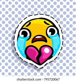 Smiley face or yellow emoticons with broken heart in pop art style. Vector illustration.