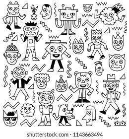 Smiley Faces Cheese Characters Doodles Set 2 Black And White Vector Illustration.