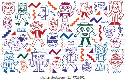 Smiley Faces Cheese Characters Doodles Set 2 Color Outline. School Notebook Background.