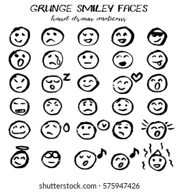 Smiley faces collection in hand drawn technique and grunge style isolated on white. Vector illustration