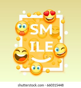 Smiley faces design elements. Vector illustration. Background with smiles. Happiness concept.