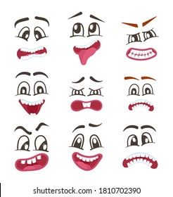 Smiley faces with different facial expressions set isolated vector illustration. Happiness, anger, joy, fear, surprise smiley, eyes and mouth, fun comic faces. Emoji characters, cartoon cute emoticon