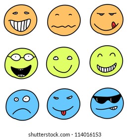 Smiley faces - doodle emoticon expressions. Happy, sad and confused balls. Vector version is easily editable.