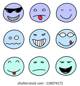 Smiley faces - doodle emoticon expressions. Happy, sad and confused balls. Vector version is easily editable.