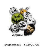 Smiley faces group of vector emoticon characters with funny facial expressions, Hand Drawn Sketch Vector illustration.