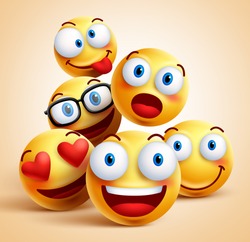 Smiley faces group of vector emoticon characters with funny facial expressions. 3D realistic vector illustration
