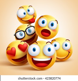 Smiley faces group of vector emoticon characters with funny facial expressions. 3D realistic vector illustration
