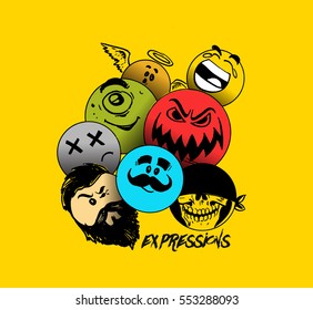 Smiley faces group of vector emoticon characters with funny facial expressions, Hand Drawn Sketch Vector illustration.