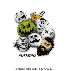 Smiley faces group of vector emoticon characters with funny facial expressions, Hand Drawn Sketch Vector illustration.