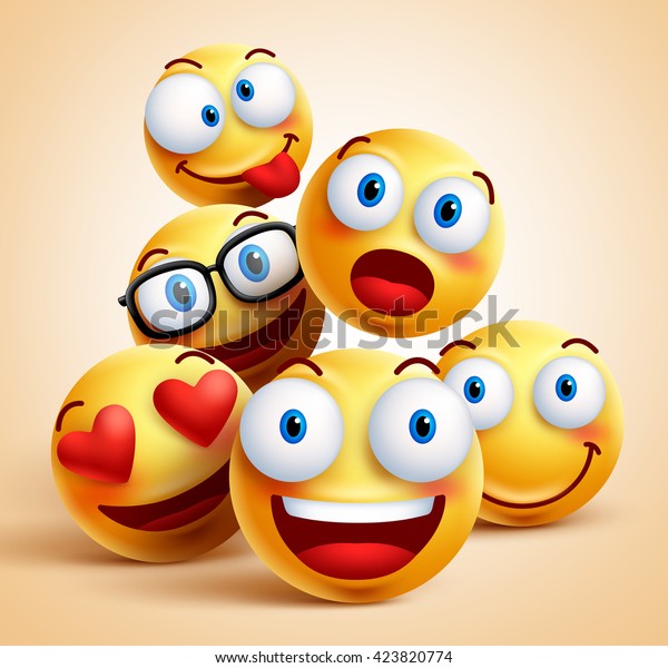 Smiley
faces group of vector emoticon characters with funny facial
expressions. 3D realistic vector
illustration
