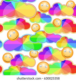 Smiley faces with a rainbow against the sky. Background pattern.