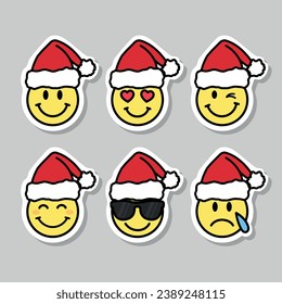 smiley faces with santa hat, set of christmas emojies, cartoon vector sticker set