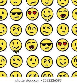 smiley faces seamless pattern with emoji or emoticons. angry and sad round yellow elements hand drawn engraving.