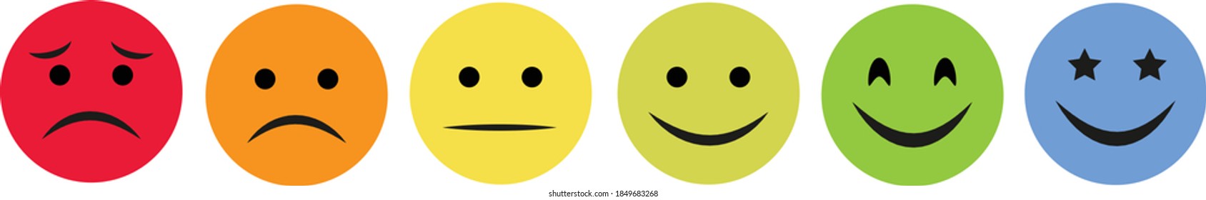 Smiley faces set, very happy, good, bad, very bad, terrible, so-so, customer rating opinion on white background