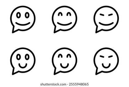 Smiley faces in speech bubbles, minimalist vector icon set. Editable stroke.