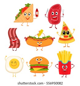 Smiley fast food elementos engraçados caráter vetorial. Várias coleções de emoção personagens fast food sorrir bife fresco com bacon cachorro-quente, ovos mexidos, batatas fritas. Vector plano.