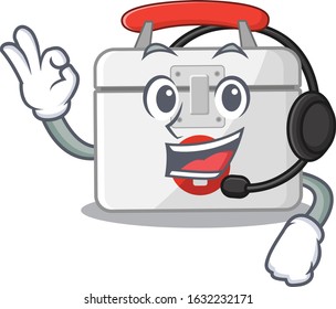 Smiley first aid kit cartoon character design wearing headphone