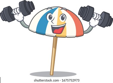 Smiley Fitness exercise beach umbrella cartoon character raising barbells