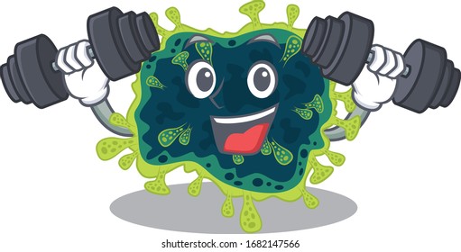Smiley Fitness exercise beta coronavirus cartoon character raising barbells