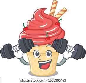 Smiley Fitness exercise cherry ice cream cartoon character raising barbells