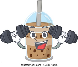 Smiley Fitness exercise chocolate bubble tea cartoon character raising barbells