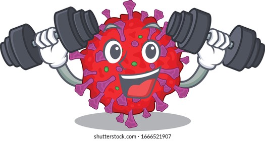 Smiley Fitness exercise coronavirus particle cartoon character raising barbells