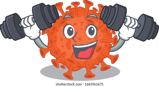 Smiley Fitness exercise electron microscope coronavirus cartoon character raising barbells