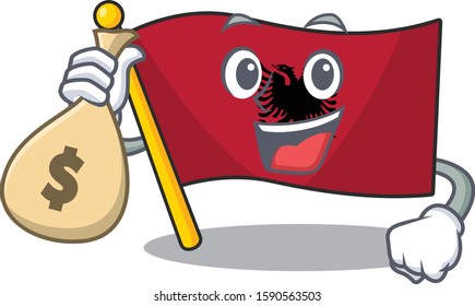 Smiley flag albania Scroll cartoon character with money bag
