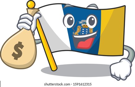 Smiley flag canary island Scroll cartoon character with money bag