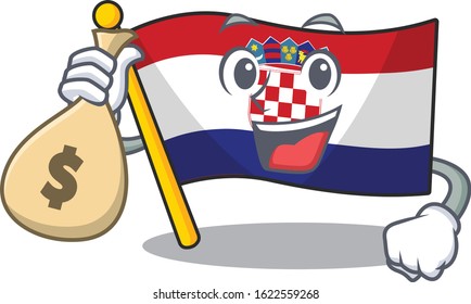 Smiley flag croatia Scroll cartoon character with money bag