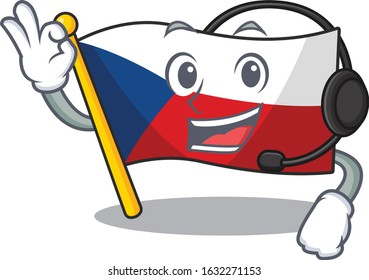 Smiley flag czechia cartoon character design wearing headphone