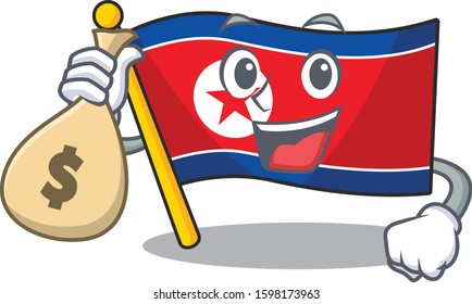 Smiley flag north korea Scroll cartoon character with money bag