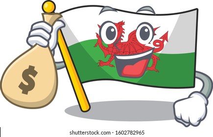 Smiley flag wales Scroll cartoon character with money bag