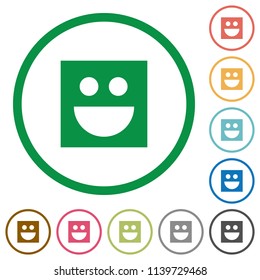 Smiley flat color icons in round outlines on white background
