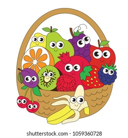 Smiley Fruit Basket cartoon. Outlined illustration with thin line black stroke