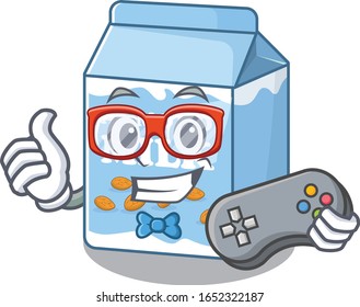 Smiley gamer almond milk cartoon mascot style