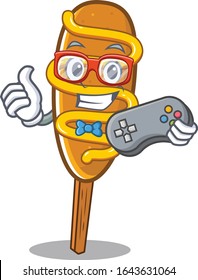 Smiley gamer corn dog cartoon mascot style