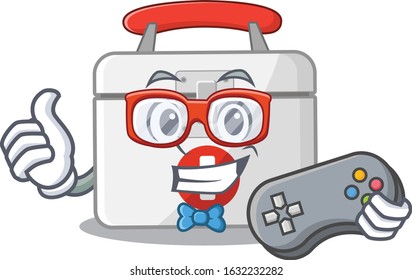 Smiley gamer first aid kit cartoon mascot style